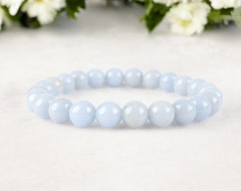 Blue Angelite Bracelet: 8mm Round Gemstone Beads, Unisex Bracelet