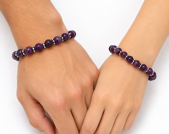 Purple Tiger's Eye Bracelet: Handmade 8mm Gemstone Stretch Bracelet, Anxiety Relief Jewelry