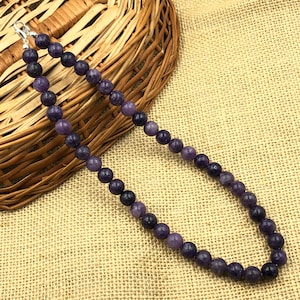 Delicate Lepidolite Crystal Beads Necklace, Purple Necklace, 14-26&quot; Beaded Round Choker Necklace Jewelry, Partywear Necklace Gift For Women