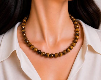 8mm Tiger Eye Beaded Necklace: Handmade Unisex Gemstone Jewelry for Gift