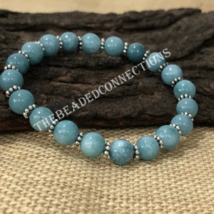 Pulsera de aguamarina natural de 8 mm, pulsera elástica de cristal azul, pulsera de piedras preciosas teñidas con aguamarina, joya con piedra de nacimiento de marzo para regalar.