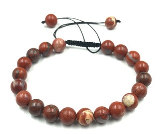 Bracciale Regolabile In Diaspro Rosso Naturale | Nappe Macramè, Perline 12 Mm, Chakra Reiki, Unisex, Dall'India