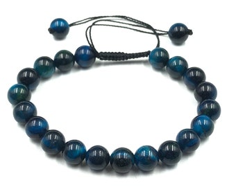 Blue Tiger Eye Bracelet: 8mm Round Stone, Adjustable Protection Bracelet, Mother's Day Gift