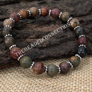 Bracciale in diaspro Picasso naturale, braccialetto elastico con perline rotonde da 8 mm, braccialetto con perline in diaspro Picasso, braccialetto regalo con energia positiva curativa