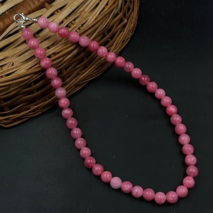 Pink Jade Gemstone Beaded Necklace, Beaded Plain Round Jewelry, Pink Jade Beaded Choker, Handmade Mala Pink Jade Necklace For Men Women
