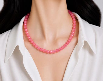 Handgjort halsband med rosa jadepärlor: Rund ädelstenschokör (30-60 cm), morsdagspresent