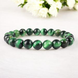 Green Tiger Eye Bracelet: Natural Gemstone Stretchy Chakra Bracelet