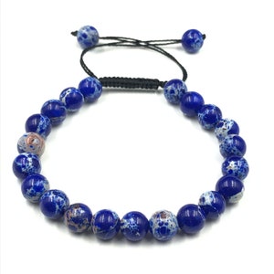 8mm Blue Sea Sediment Jasper Bracelet, Sea Sediment Jasper Bracelet, Handmade Dailywear Bracelet, Thread Adjustable Bracelet For Gift