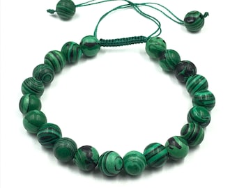 Natural Green Malachite Beaded Bracelet: Adjustable Crystal Jewelry
