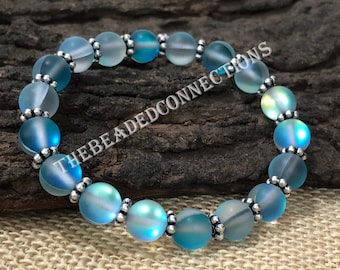 Matte Mystic Blue Aura Quartz Bracelet, 8mm Round Beaded Stretchable Bracelet 7.5"