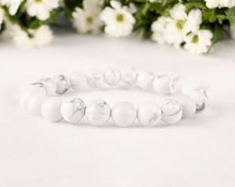 8mm White Howlite Beaded Bracelet: Dainty Gemstone Jewelry For Gift, 7.5 Inch Bracelet