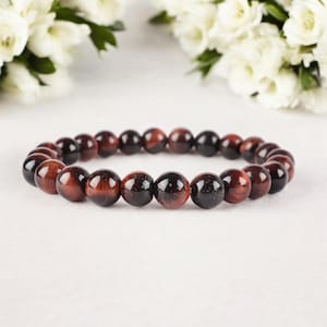 Pulsera de ojo de tigre rojo, pulsera de piedra de ojo de tigre, pulsera de cristal natural para mujer, pulsera de chakras, pulsera elástica de una hebra para regalo