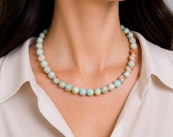 Sea Sediment Jasper Necklace: 8mm Beaded Gemstone Choker, Gift For Her