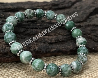 Armband boomagaat: 8 mm groene steen ronde kralen, rekbaar 7,5"