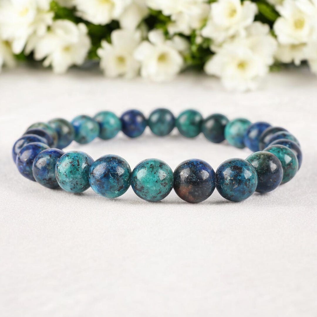 Azurite Malachite Bracelet, 8mm Natural Blue Azurite Gemstone