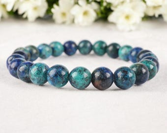 Azurite Malachite Bracelet: 8mm Gemstone Stretch Bracelet 7.5" , Unisex Jewelry