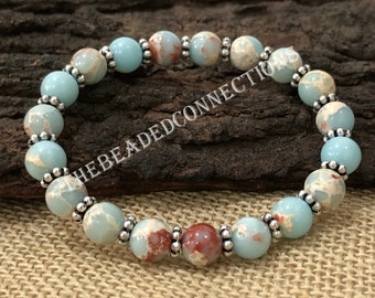 Bracciale in diaspro sedimentario marino: bracciale chakra con perline e pietre preziose, 19 cm