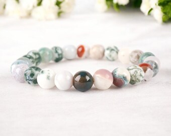 Boomagaat stretcharmband, 8 mm ronde kralen, groen witte stenen sieraden, handgemaakte sieraden voor mannen en vrouwen