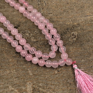 Rose Quartz Mala Prayer Beads Necklace, 8mm Rose Quartz Beads Mala Necklace, Healing Crystal Meditation Jap Mala Tassel Necklace For Gift