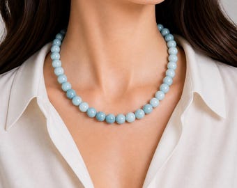 8mm Aquamarine Beaded Necklace: Blue Gemstone Necklace For Women