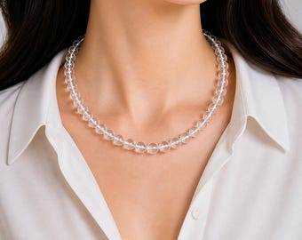 Phenakite Crystal Beaded Necklace: 8mm Round Gemstone, 14-26" Choker Jewelry For Women