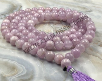 Kunzite Mala Necklace: 108 Bead Prayer Beads, Healing Tassel Necklace