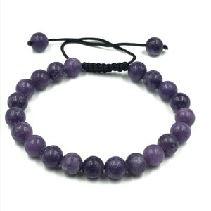 Pulseira de contas de lepidolita de 8 mm, pulseira com pedra preciosa roxa, pulseira de chakra de cura, joia com pedra de nascimento de fevereiro, pulseira unissex para presente
