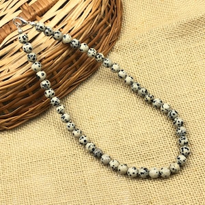 Dalmation Jasper Gemstone Beaded Necklace 14-26&quot; , Natural 8mm Dalmation Bracelet, Statement Necklace For Women, Light Weight Necklace Gift
