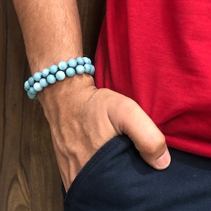 Natural Aquamarine Bracelet, Blue Aquamarine Beaded Bracelet, Double Strand Thread Bracelet, March Birthstone Jewelry, Unisex Bracelet Gift