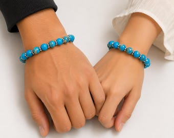 Pulsera de turquesa y cobre azul: Joyería elástica hecha a mano con cuentas de 8 mm para hombres y mujeres.
