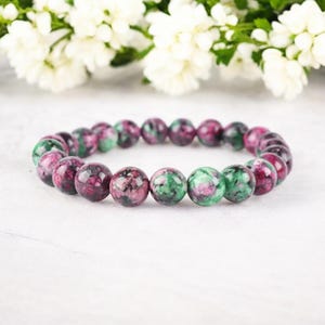 Natural Ruby Zoisite Stone Bracelet - 8mm Green & Red Gemstone Stretch Bracelet Spiritual Healing Bracelet Gift for her, gift for him