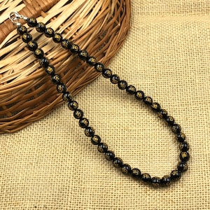 Natural Black Onyx Beaded Necklace, 8mm Black Onyx Om Gemstone Necklace Men & Women Jewelry, Anxiety Relief Healing Protection Necklace Gift