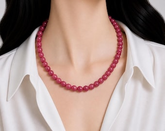 Colar artesanal de jade rosa AAA: gargantilha com contas de 8 mm e pedras preciosas para mães.