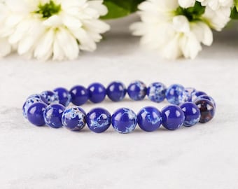 Bracciale in diaspro sedimentario blu del mare: braccialetto elastico con perline da 8 mm