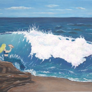 Call of the Sea original acrylic painting, seascape, ocean, sea, water, wave, nature, mermaid, beach, fantasy image 1