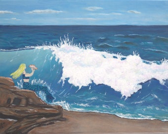 Call of the Sea - original acrylic painting, seascape, ocean, sea, water, wave, nature, mermaid, beach, fantasy