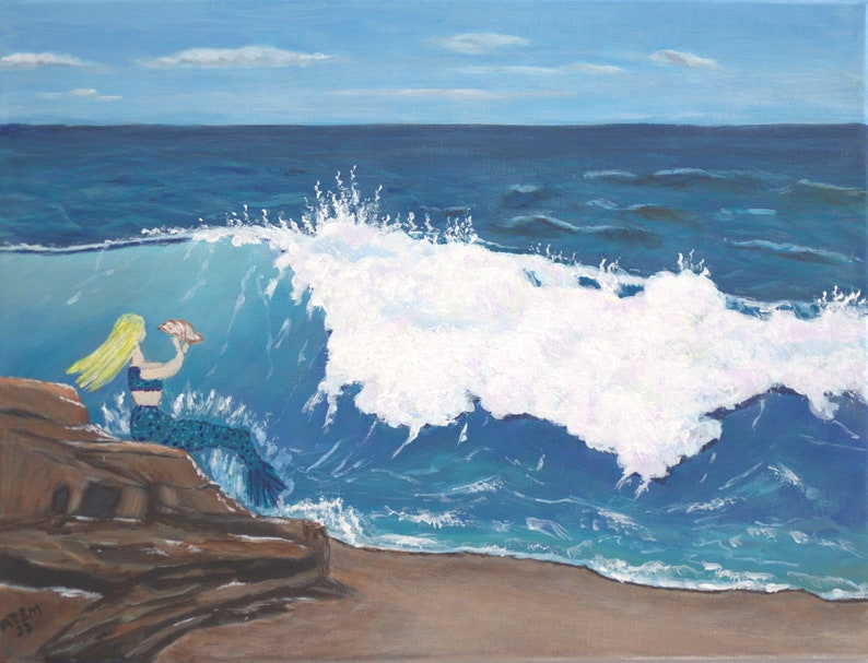 Call of the Sea original acrylic painting, seascape, ocean, sea, water, wave, nature, mermaid, beach, fantasy image 1