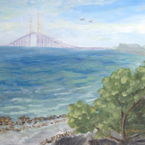 The Sunshine Skyway bridge on a 4x4 inch canvas (just finished this painting  last week) : r/florida