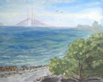 Skyway Bridge - original acrylic painting, 12 x 9 on wrapped canvas