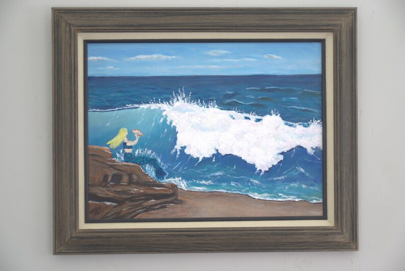 Call of the Sea original acrylic painting, seascape, ocean, sea, water, wave, nature, mermaid, beach, fantasy image 3