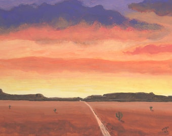 Southwest Sunset - original acrylic painting, art, original, sunset, southwest, landscape, desert, cactus, road, America,  US, nature