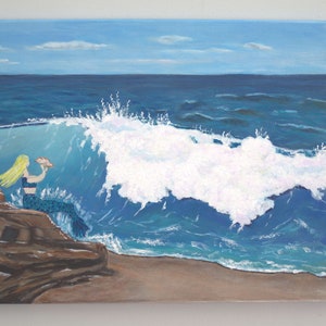 Call of the Sea original acrylic painting, seascape, ocean, sea, water, wave, nature, mermaid, beach, fantasy image 2