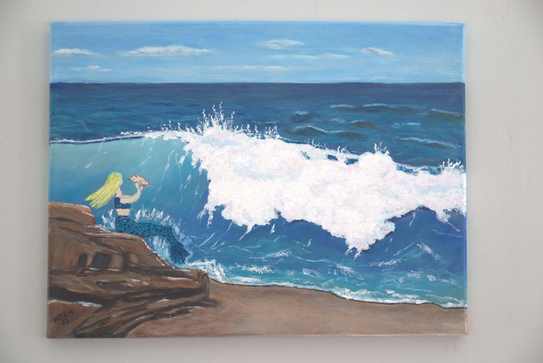 Call of the Sea original acrylic painting, seascape, ocean, sea, water, wave, nature, mermaid, beach, fantasy image 2