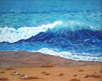 Gulf Coast Surf - ocean, sea, wave, bird, beach, Gulf, FL, surf, sand, seascape, nautical, realism, acrylic, original painting, landscape