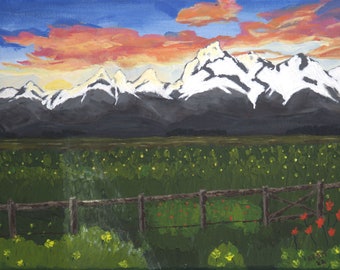 Grant Tetons - original acrylic painting of Teton mountain range, Grand Teton National Park, Wyoming, mountains, range, meadow, west, park