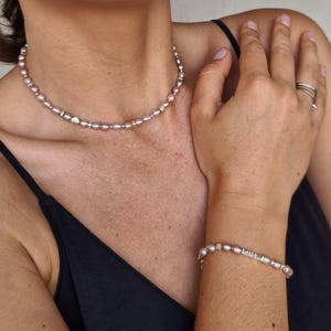 Pink pearl jewelry set, Freshwater pearl necklace and bracelet, Bridal pearl set, Sterling silver jewelry