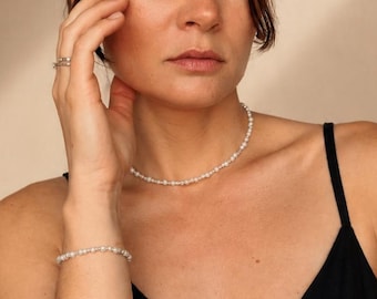 Süßwasser Perlen Halskette Armband Set: Sterling Silber Halsreif, Brautjungfer Schmuck