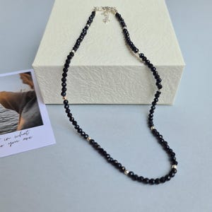 Black spinel choker necklace, Faceted micro gemstone beads, 925 sterling silver heart charm, Adjustable beaded design, Minimalist layering