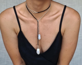 Barock Perle Lariat Halskette, Sterling Silber & Schwarz Spinell, Länge verstellbar