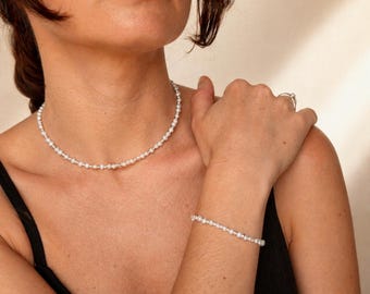 Sterling silver pearl jewelry set, Necklace and bracelet, Genuine freshwater pearls, Minimalist elegant design, Two piece set